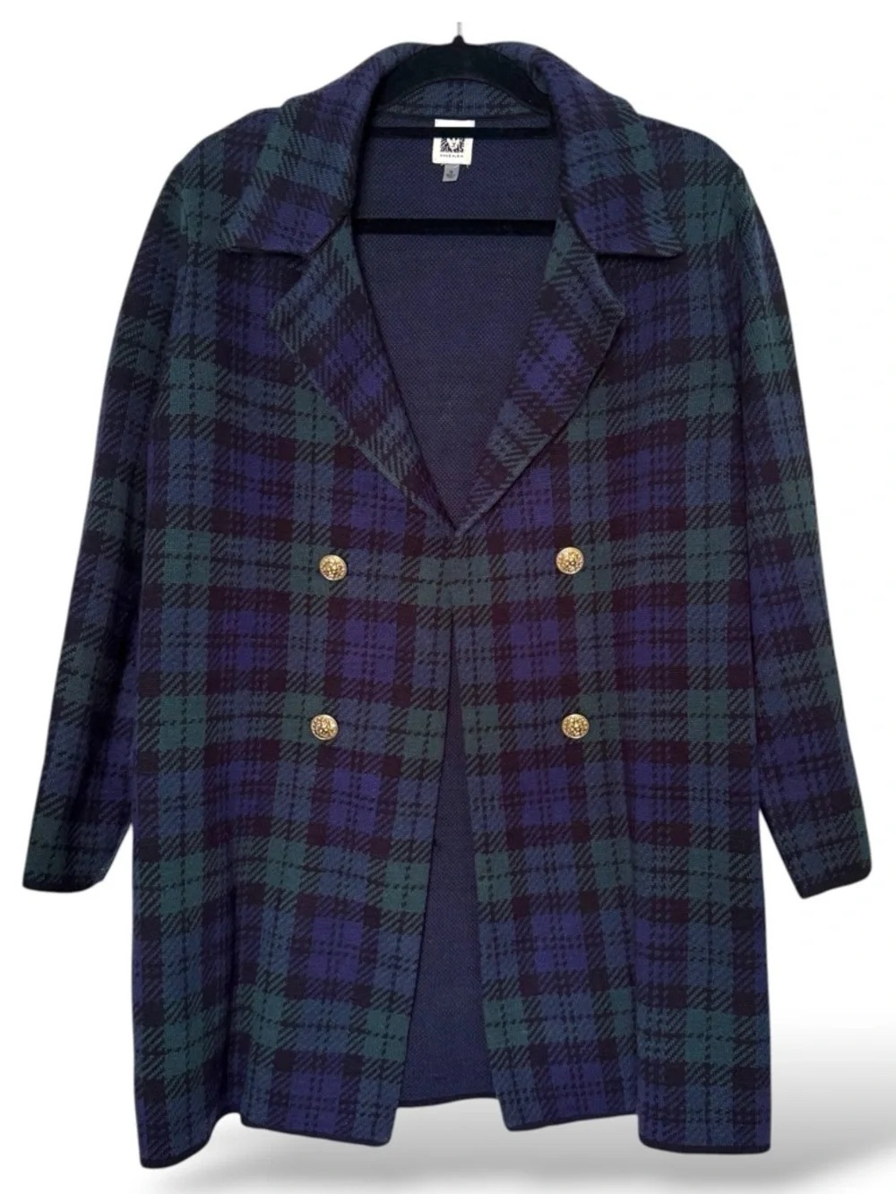 Anne Klein Navy and Green Plaid Double-Breasted Blazer